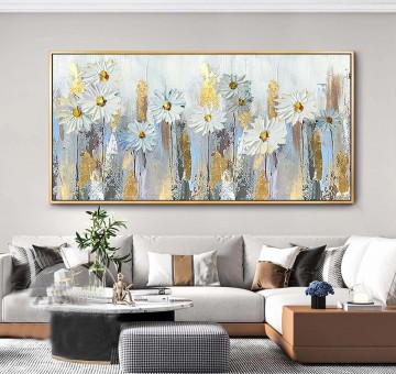 white flowers gold by Palette Knife wall decor texture Oil Paintings